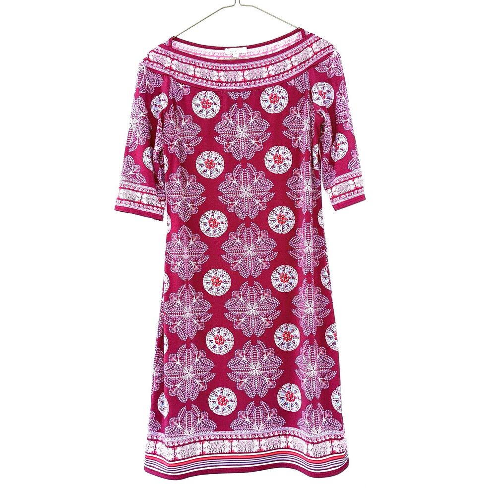 Max Studio Geofloral Medallion Boatneck Shift Dress three-quarter sleeves Sz M